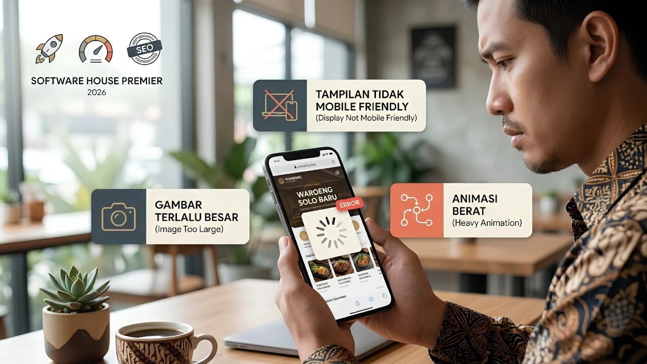 Ilustrasi perbandingan website UMKM yang lambat vs cepat saat dibuka di smartphone