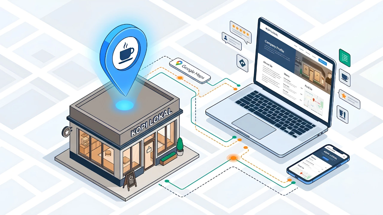 Ilustrasi hubungan antara optimasi Google Business Profile dan website profesional untuk UMKM lokal