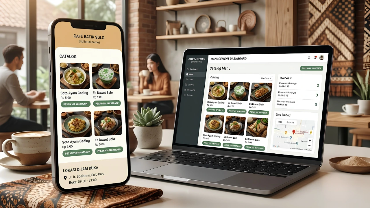 Ilustrasi tampilan menu digital dan integrasi WhatsApp pada website kuliner Solo Raya