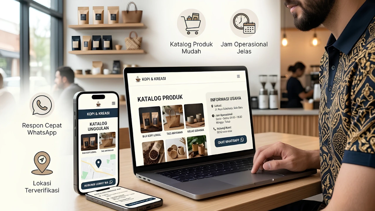 Ilustrasi fitur WhatsApp terintegrasi dan katalog produk pada website UMKM Solo Baru
